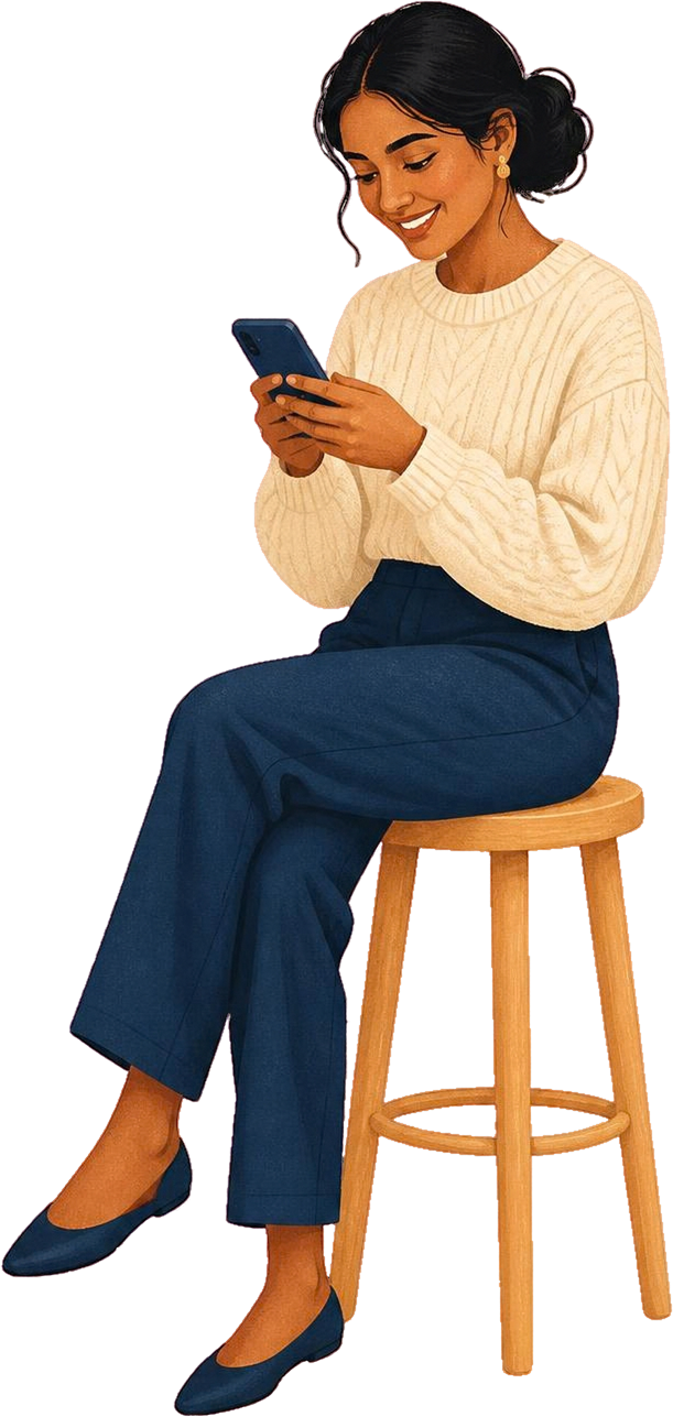 A young South Asian woman in a cream sweater, sitting on a stool and smiling at her phone.