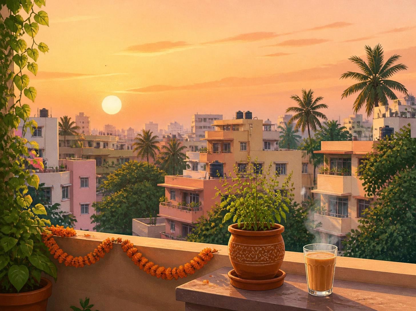 Sunrise from a balcony in India: a marigold garland on the ledge, a tulsi plant, a glass of chai and palm trees over pastel apartment blocks.