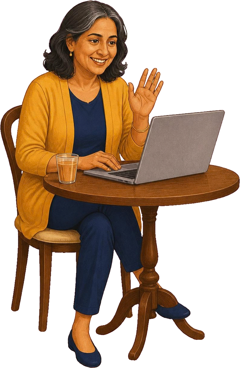 A South Asian woman in a mustard cardigan waving on a video call at a small table with chai.