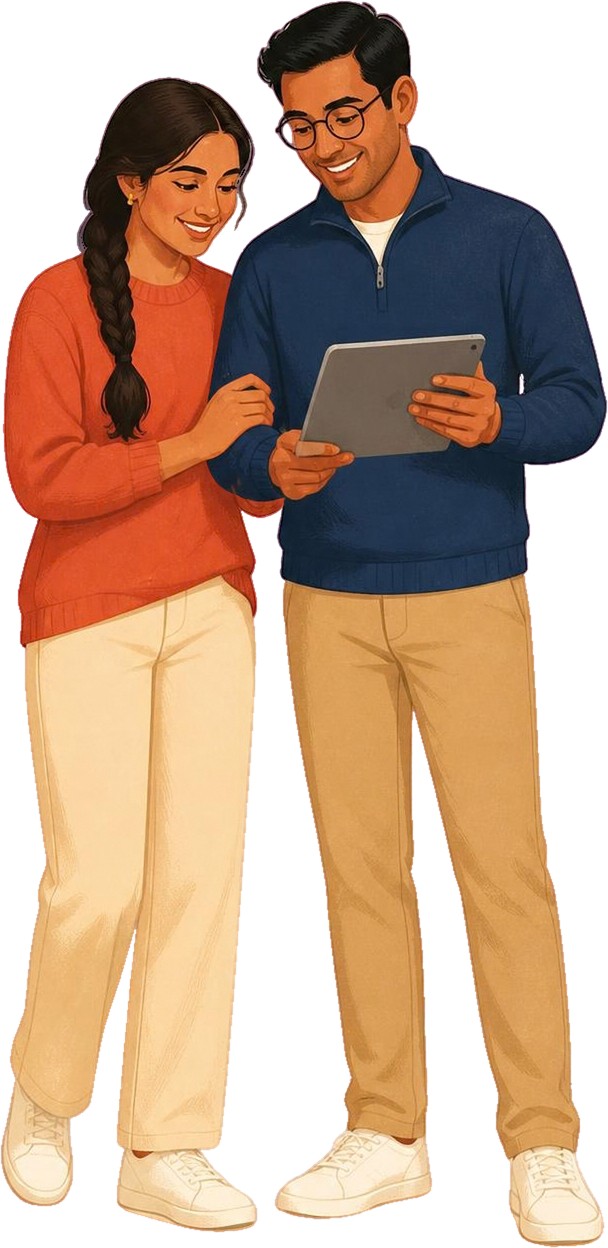 A South Asian couple looking at a tablet together, planning their first home.