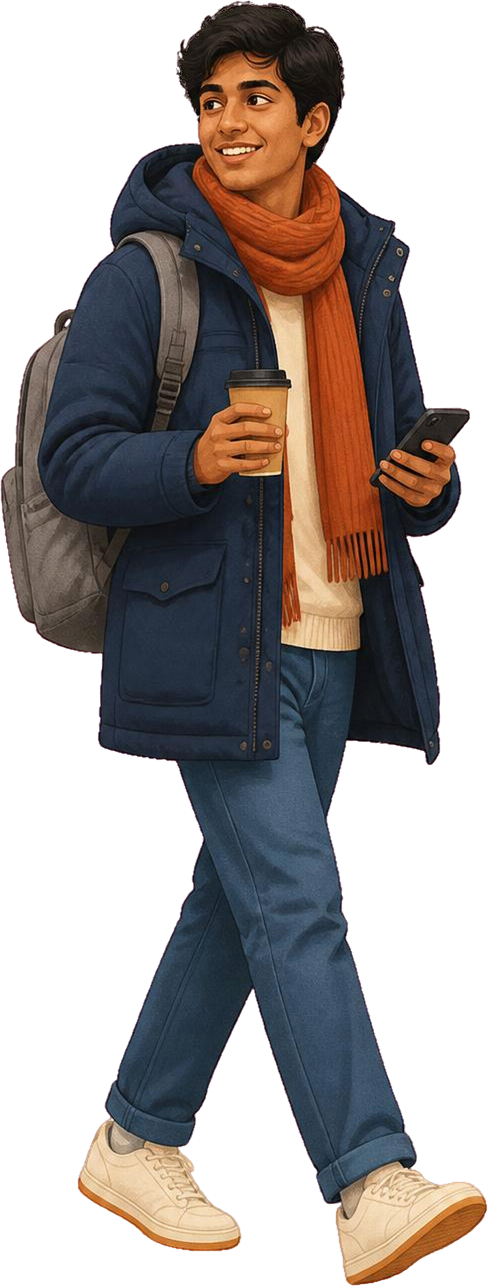 A young South Asian student in a navy parka and terracotta scarf, walking with a coffee and his phone.
