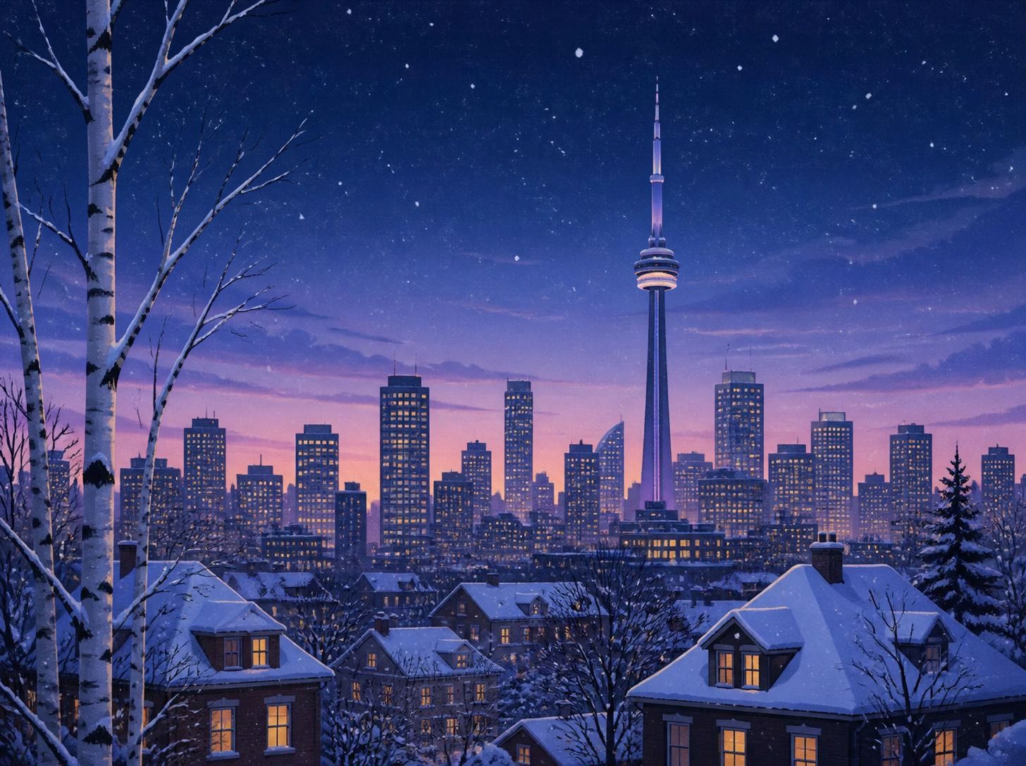 A snowy Toronto evening: the downtown skyline and CN Tower under a violet sky, warm lights in the houses below.